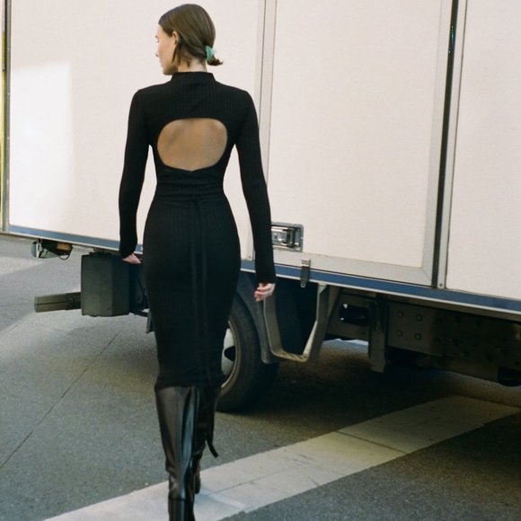 Zara Dresses Nwt Zara Cut Out Midi Rib Dress Long Sleeve Black